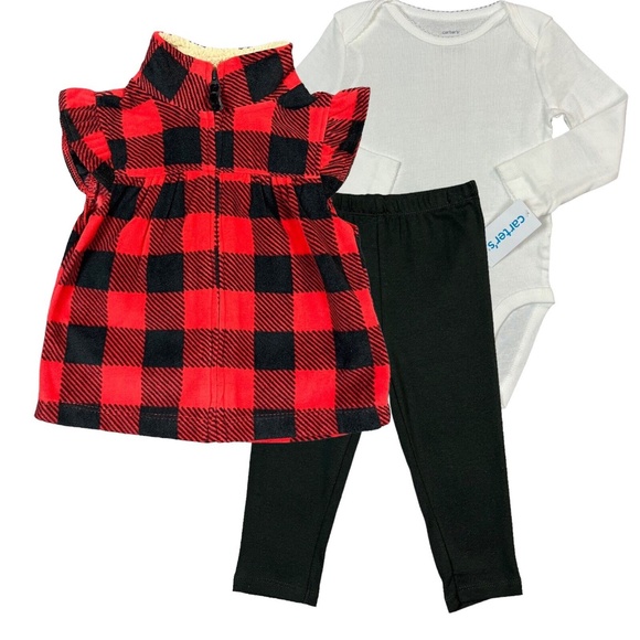 Carters Baby Girls 3-Piece Buffalo Check Vest Set Size 12-24 Months Red Black - Picture 1 of 8